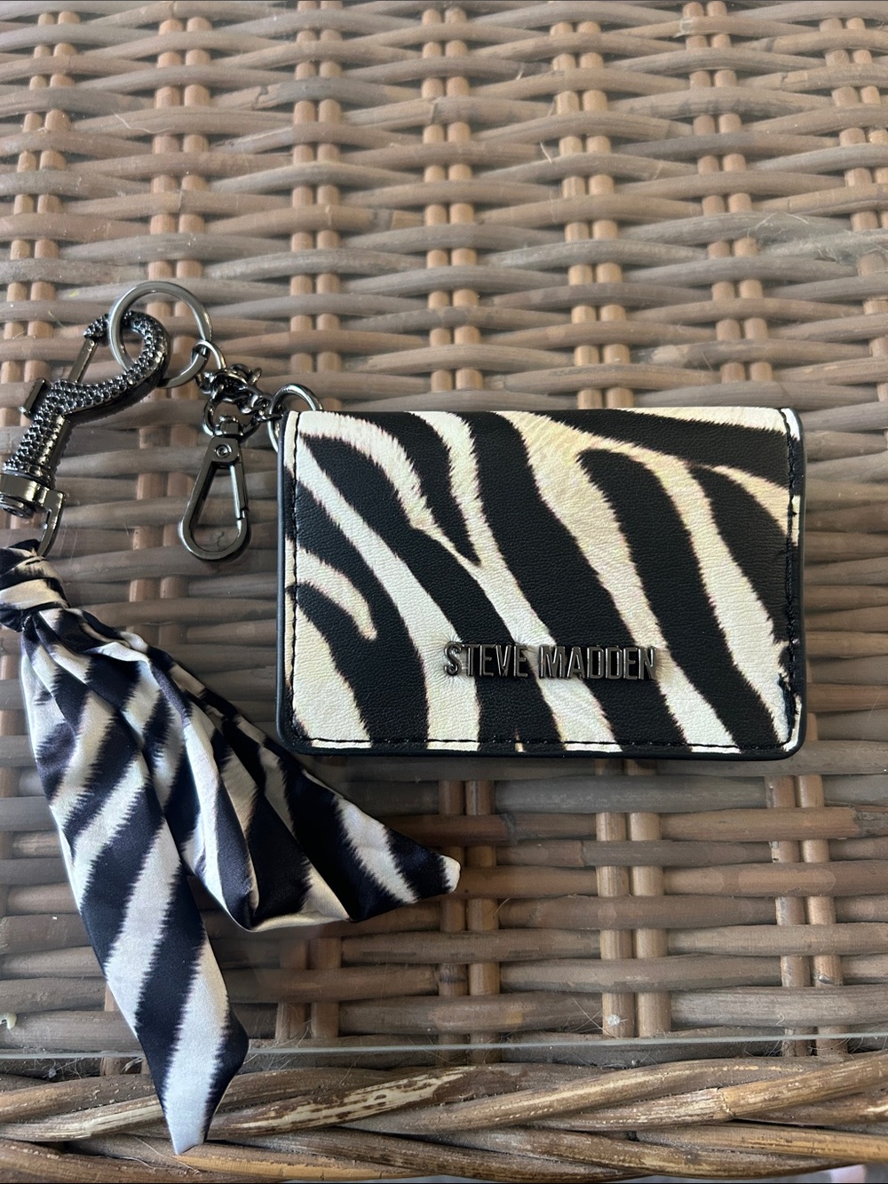 Steve Madden Black and White Zebra Card Holder with Tassel Keychain